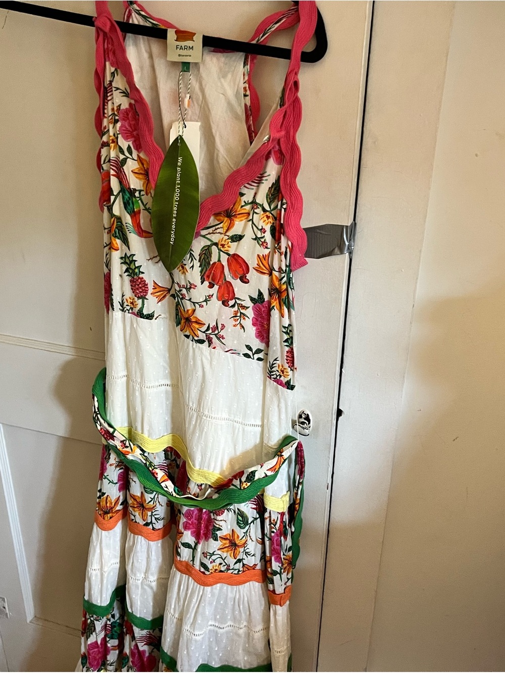 FARM Rio White Maxi Dress with Pink Straps and Multicolor Floral Print